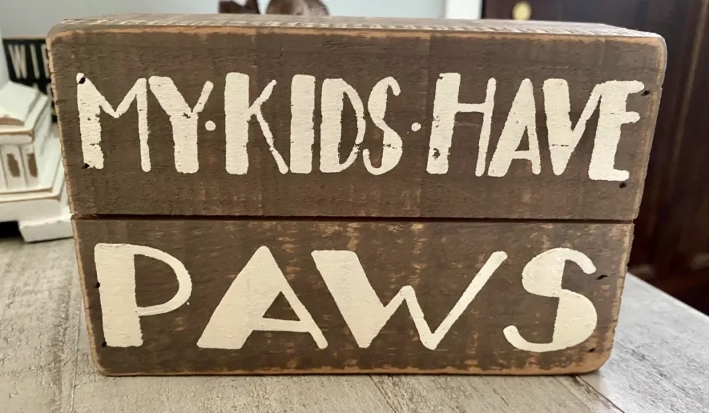 Wooden rustic sign sitting on table that says 'My Kids Have Paws'