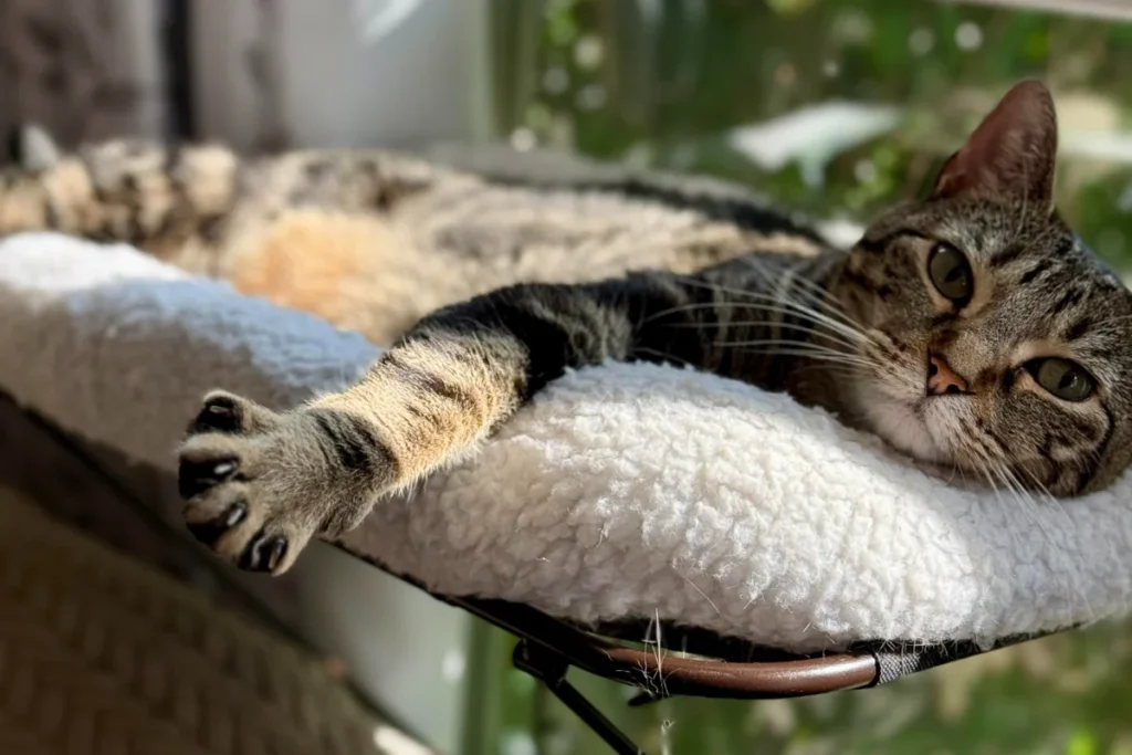 Gray striped tabby cat (Luna) laying on white window perch looking at camera while stretching out paw